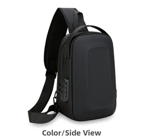 Detail of waterproof hard shell sling bag with anti-theft lock and USB charging port