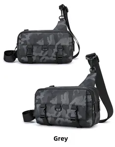 Detail view of grey camouflage crossbody bag featuring tactical buckles and adjustable strap