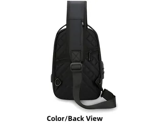 Rear view of black waterproof sling bag featuring anti-theft back pocket and USB port