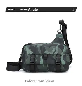 Front view of camouflage crossbody bag featuring tactical buckles and adjustable nylon strap