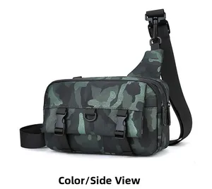 Side view of dark green camo cross-body bag with buckle closure and adjustable strap
