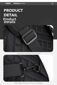 Detail of adjustable strap buckle and detachable swivel metal hook on tactical sling bag