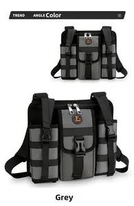 Tactical grey crossbody bag detail showing functional MOLLE webbing and buckle