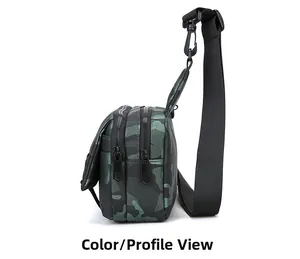 Side view of camouflage crossbody camera bag with double zippers and black strap