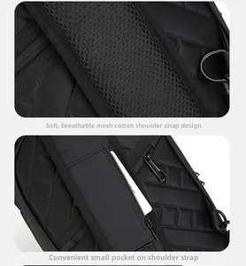 Detail of breathable mesh shoulder strap with zipper pocket for cards on black backpack