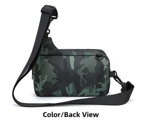 Detailed back view of a camouflage shoulder bag featuring waterproof nylon and D-ring hooks