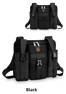 Detail view of black nylon tactical chest bag featuring three utility pouches and buckles
