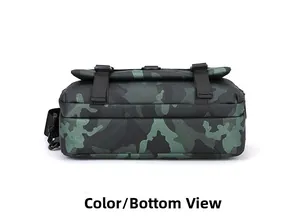 Bottom view of camouflage tactical crossbody bag with adjustable black webbing straps