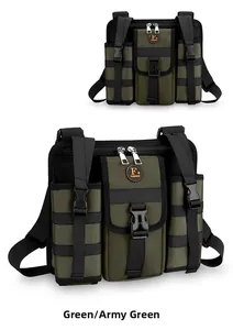 Detail of army green tactical chest bag featuring Molle system and adjustable straps