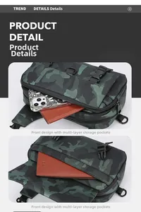 Detail of camouflaged shoulder bag showing multi-layer storage and buckle flap