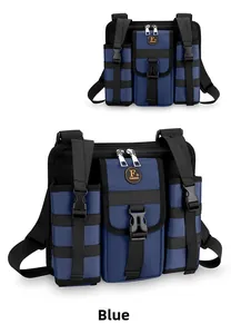 Detail of blue tactical chest pack with dual buckle pockets and water bottle holder