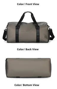 Vue avant et arrière d'un sac de sport en nylon gris avec bandoulière réglable et poignées
