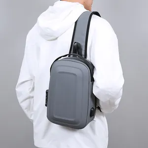 Gray hardshell anti-theft sling bag with USB port and password lock for men