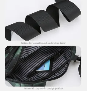 Detail of widened nylon shoulder strap and striped interior with zipper storage bag