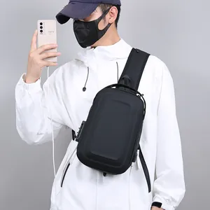 Men's anti-theft hardshell sling bag with TSA lock and USB port for outdoor sports