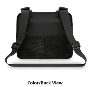 Back view of black tactical travel backpack showing mesh pockets and adjustable straps