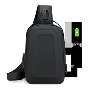 Black anti-theft sling bag with TSA combination lock and external USB charging port