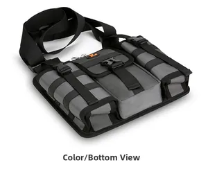 Bottom view of a durable gray and black tactical nylon travel bag with buckle straps