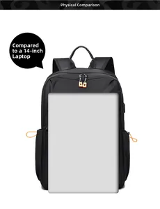 Zaino porta PC impermeabile mostrato con computer da 14 pollici per confronto taglie