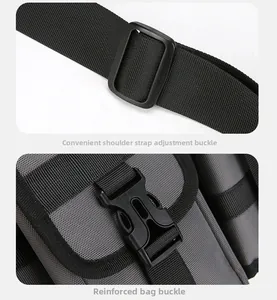 Close-up of adjustable strap buckle and reinforced quick-release buckle on travel bag