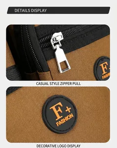 Nahaufnahme der braunen Segeltuchtasche mit Metallreißverschluss und F+ Fashion Logo