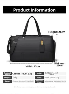 Detailed size chart for black travel bag showing 47cm width and 26cm height dimensions