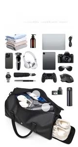 Flat lay of waterproof travel bag showing large capacity with shoe compartment