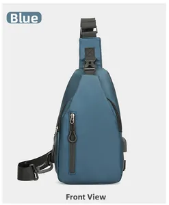 Bolso de pecho azul para hombre con cremallera frontal vertical y puerto de carga USB
