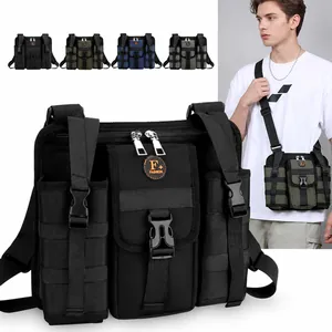Sac bandoulière voyage en nylon pour seniors avec poches multiples en noir, vert et gris