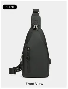 Detalle de bandolera negra impermeable con bolsillo vertical con cremallera y USB