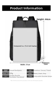 Detailed dimension guide showing 44x31x12cm size for 15.6 inch laptop backpack