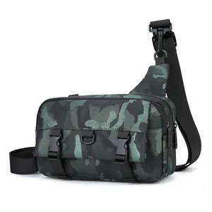 Men's camouflage crossbody camera bag with buckle closure and wide nylon strap