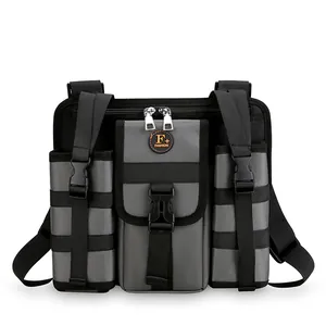 Tactical nylon crossbody bag with multi-pocket design and adjustable buckle straps in grey