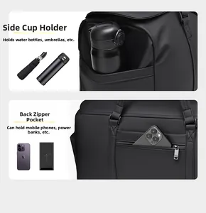 Detail of travel bag showing side water bottle pocket and back anti-theft zipper pocket