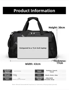 Macro view of travel bag dimensions 43x30x17cm and 15.6 inch laptop capacity display