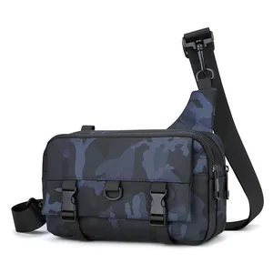 Blue and black camouflage crossbody camera bag with adjustable strap and quick-release buckles
