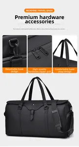 Close-up of waterproof fabric, reinforced handles and metal hardware on a travel bag