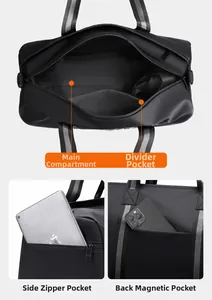 Detail view of large travel bag with interior compartments and side zipper pockets