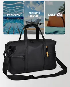 Black waterproof leather duffle bag for business, gym, and travel use showing main features