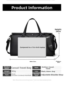 Detail view of large travel bag with 50cm width dimensions and 905g weight spec