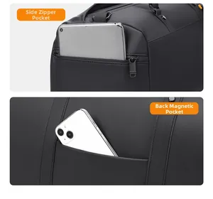 Detail of travel bag showing side zipper pocket and back magnetic snap storage pouch