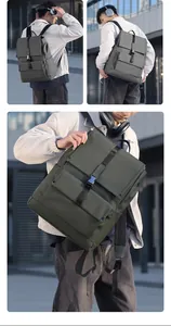 Detail of waterproof commuter backpack showing flap top closure and durable metal buckles