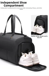 Close-up of black travel bag showing separate shoe compartment for size 44 sneakers