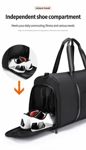 Detail of waterproof travel bag featuring a dedicated side compartment for shoes