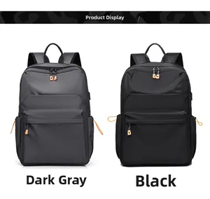 Dettaglio degli zaini in nylon resistenti all'acqua nei colori grigio scuro e nero con accenti arancio