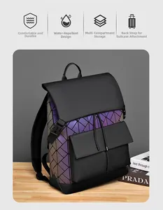 Detail of the diamond pattern laptop backpack showing double front pockets and drawstring cover