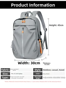 Detailed size chart for gray 16-inch laptop backpack with wear-resistant fabric