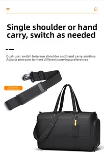Detail view of a black travel bag featuring a detachable and adjustable shoulder strap