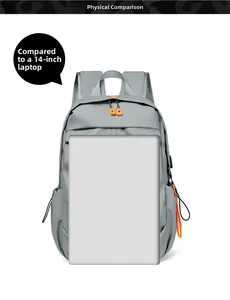 Waterproof grey laptop backpack compared with a 14-inch laptop showing large capacity
