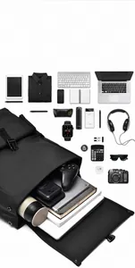Flat lay of large capacity waterproof laptop backpack with multi-compartment storage